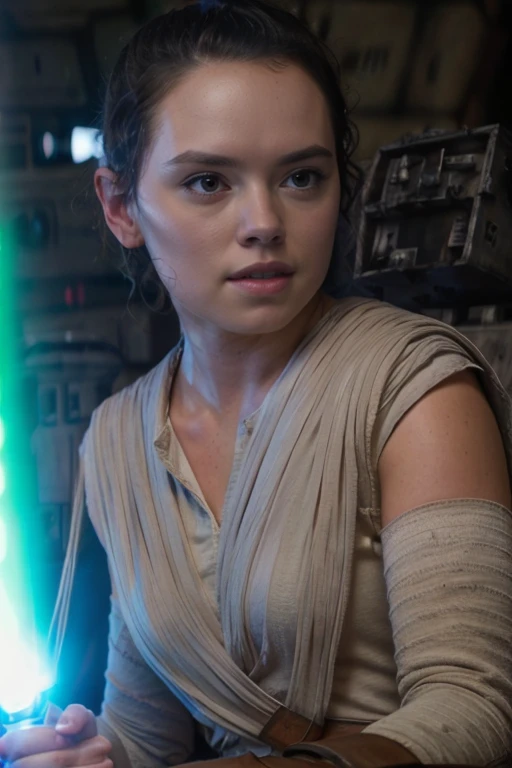 masterpiece, best quality, cinematic, volumetric lighting, very detailed, high resolution, sharp, sharp image, 4k, 8k, 35 mm,
<lora:Rey_StarWarsVII_DaisyRidley_smf_lora_v01:0.9>, 1girl, r3y5w7d4i5y-smf, solo, realistic, upper body, black hair, bandages, lips, parted lips, short hair, black eyes, holding lightsaber