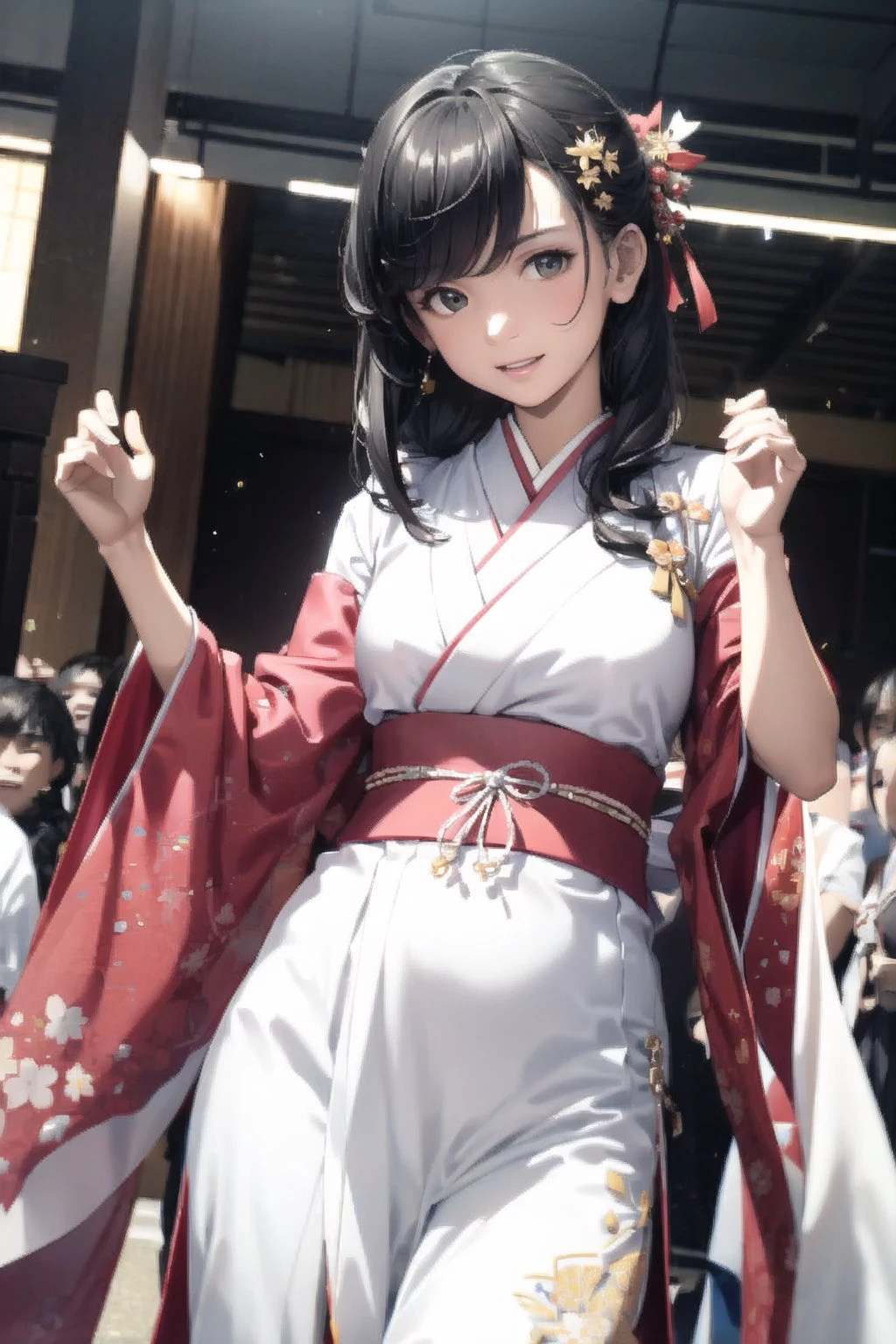 vibrant colors, female, masterpiece, sharp focus, 
best quality, depth of field, cinematic lighting, ((solo, one man )), 
(illustration, 8k CG, extremely detailed), masterpiece, 
ultra-detailed, in a burst of energy and radiance, 
a cute girl with her vibrant presence. 
The detailed illustration captures japanese festival, 
exuding both grace and enthusiasm,
dressed in beautifull and sexy dress, 
she moves with precision and elegance. 
The backdrop echoes the energy of a spirited crowd on japanese festival,  
Her captivating presence shines through,  
the illustration paints a dazzling portrait of a beautiful girl in motion,  
creating a movie scene, 
cute female, black gradient with brown hair, long hair, grey eye, more different color costume, Sara