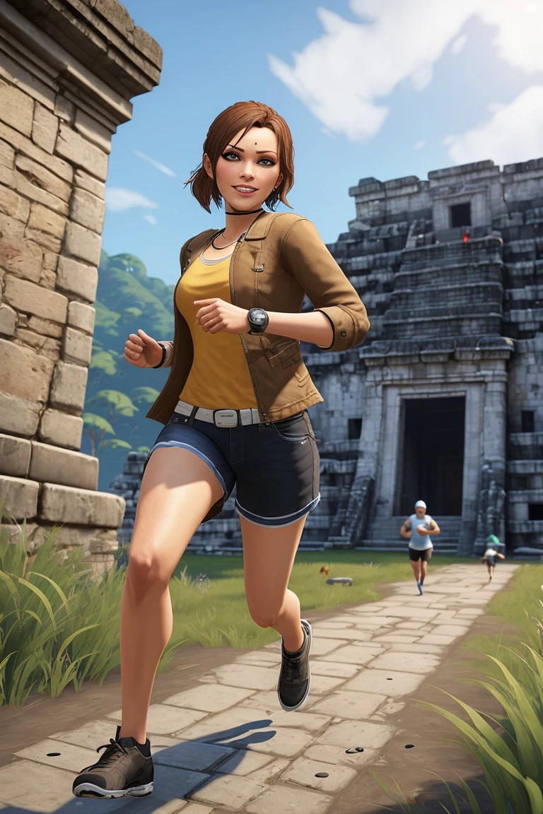 lizasnoww-500, 1girl, looking at viewer, cute, smile, realistic, brown hair, short hair, blue eyes, (mole under eye:1.2), (serious:1.2),
yellow t-shirt, jacket, jeans shorts, backpack, cap, full body, running, sprinting, run, fast, action shot, motion blur,
inside, mayan temple, ruins, jungle ruins, adventure,