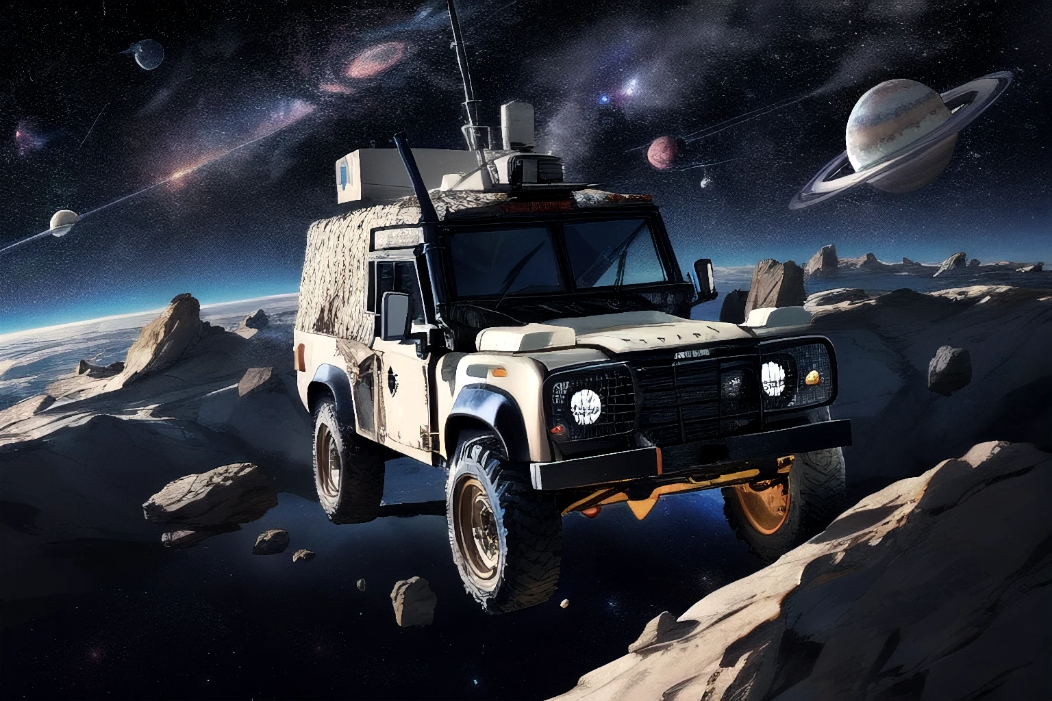 snatch, land rover, floating alone in outer space, tumbling, asteroids, distant planets,