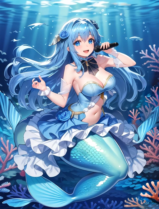 masterpiece, best quality,a female,big breasts,Mermaid,藍色的Mermaid尾巴,full-body shot,for the audience,Get posed,charming脸(kawaii, charming,soft)