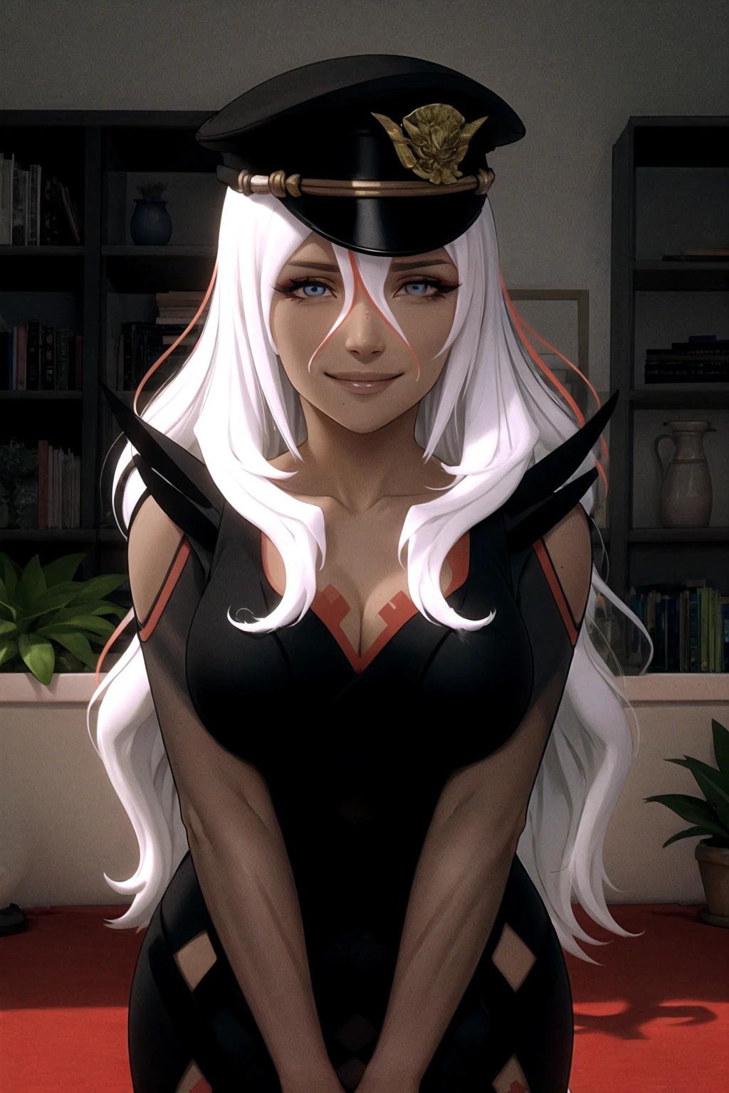 <lora:Tama-08:1.0> tama_aisomn, multicolored_hair, solo, 1girl, std_tama, cowboy_shot, black_dress, peaked_cap, smile, evil_smile, full_body, beautiful, (masterpiece:1.2), (best quality:1.2), perfect eyes, perfect face
