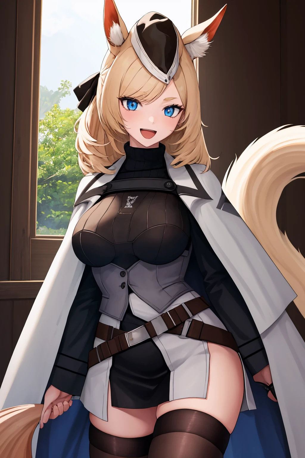 masterpiece, best quality, 1girl, solo, <lora:wishlash-ak-richy-v1:1> whislashdef, garrison cap, white cape, turtleneck, thighhighs, horse tail, standing, :d