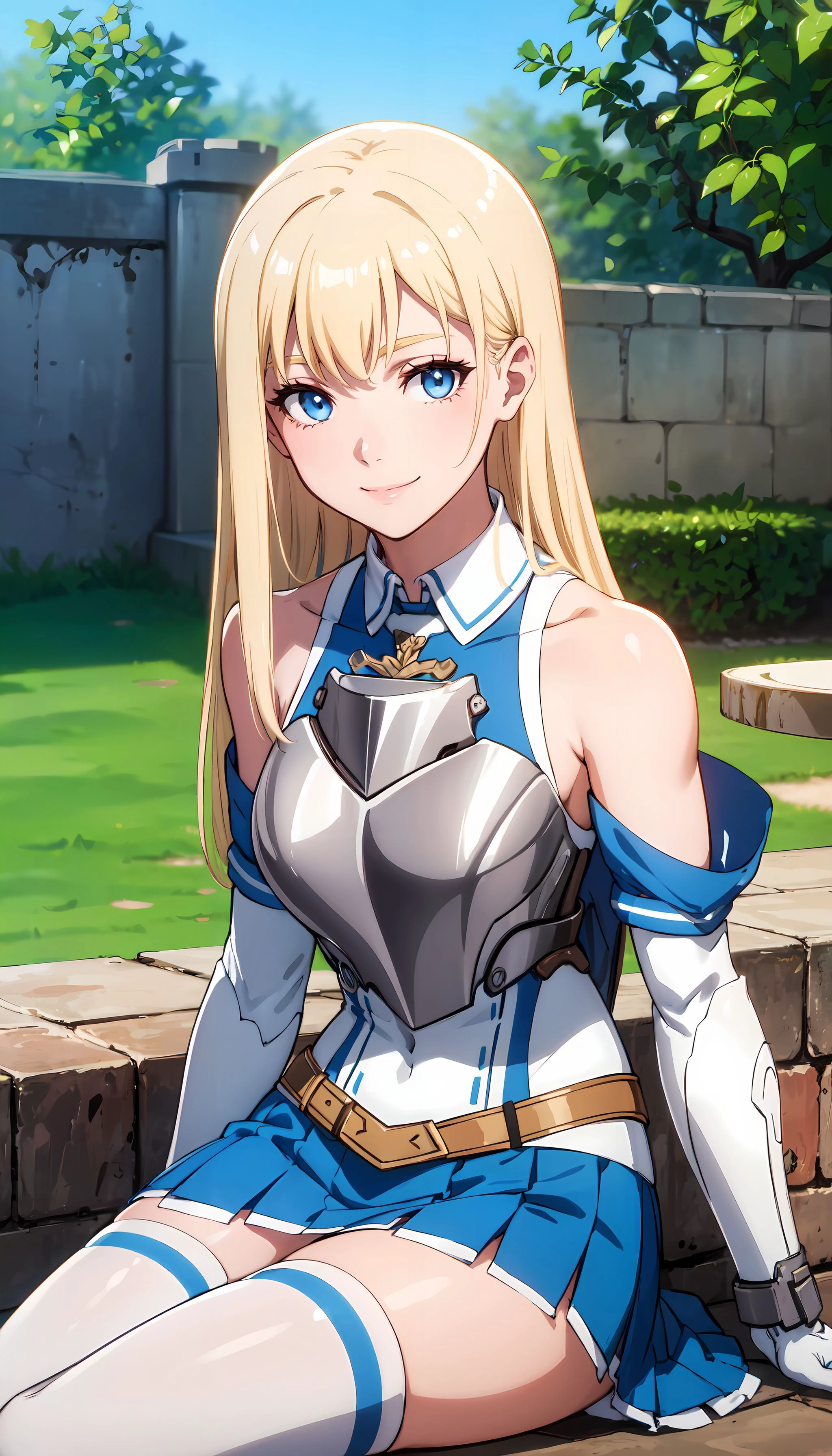 photorealistic, (4k), depth of field, (Masterpiece), (realistic skin texture), extremely detailed, intricate, hyper detailed, high resolution, professional photography, bokeh, sharp detail, best quality, girl, long hair, blonde hair, blue eyes, blue and white armor, breastplate, blue miniskirt, bare shoulders, detached sleeves, white gloves, white thighhighs, <lora:Roxy Hart-000004:0.7> , laying down , (castle:1.5)