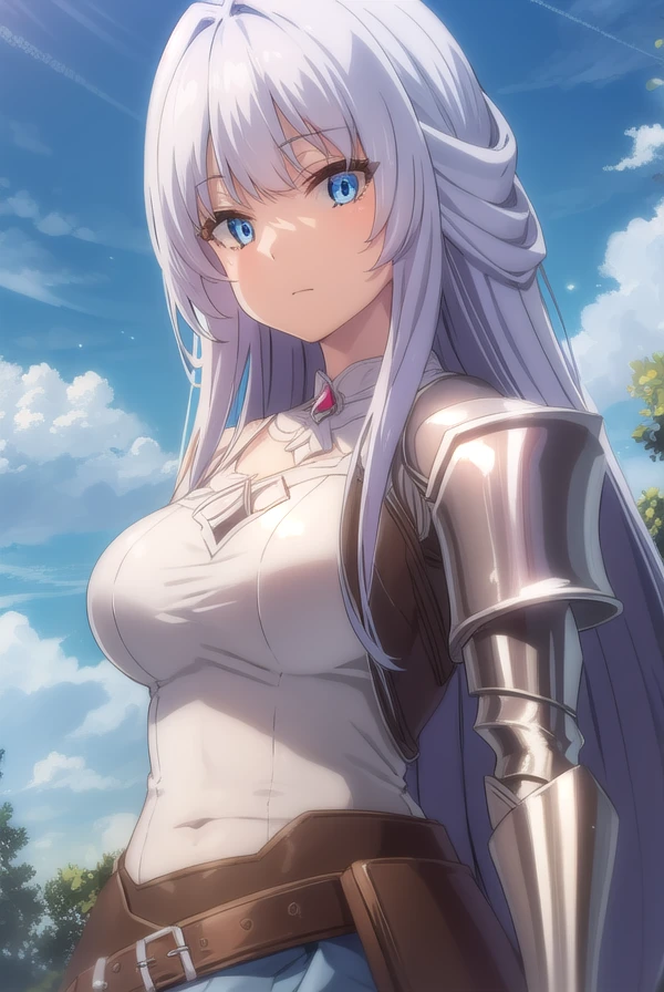 kurehacrylet, <lora:kureha crylet s1-lora-nochekaiser:1>,
kureha crylet, long hair, bangs, blue eyes, very long hair, ahoge, white hair,
BREAK skirt, belt, armor, gauntlets,
BREAK outdoors, forest, nature, grass, trees, sun, sky, clouds,
BREAK looking at viewer, (cowboy shot:1.5),
BREAK <lyco:GoodHands-beta2:1>, (masterpiece:1.2), best quality, high resolution, unity 8k wallpaper, (illustration:0.8), (beautiful detailed eyes:1.6), extremely detailed face, perfect lighting, extremely detailed CG, (perfect hands, perfect anatomy),
