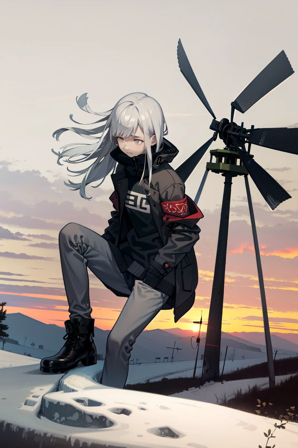 solo, 1girl, depressed, flat chest, light grey hair, bronze eyes, dark brown safari jacket, frost, dim light, arctic tundra, windmill, detailed background, nature <lora:kukka_style_v02.05.05.01:1>
