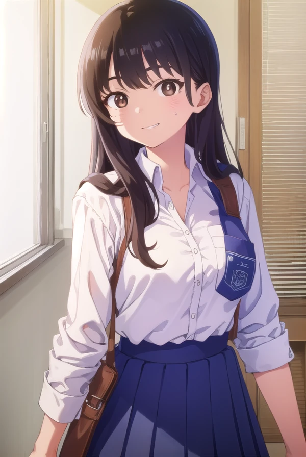 annayamada, <lora:anna yamada s1-lora-nochekaiser:1>,
anna yamada, long hair, bangs, black hair, (brown eyes:1.5), smile, grin,
BREAK skirt, shirt, school uniform, white shirt, pleated skirt, collared shirt, sweatdrop, blue skirt, pocket, shirt tucked in, breast pocket,
BREAK indoors, classroom,
BREAK looking at viewer, (cowboy shot:1.5),
BREAK <lyco:GoodHands-beta2:1>, (masterpiece:1.2), best quality, high resolution, unity 8k wallpaper, (illustration:0.8), (beautiful detailed eyes:1.6), extremely detailed face, perfect lighting, extremely detailed CG, (perfect hands, perfect anatomy),