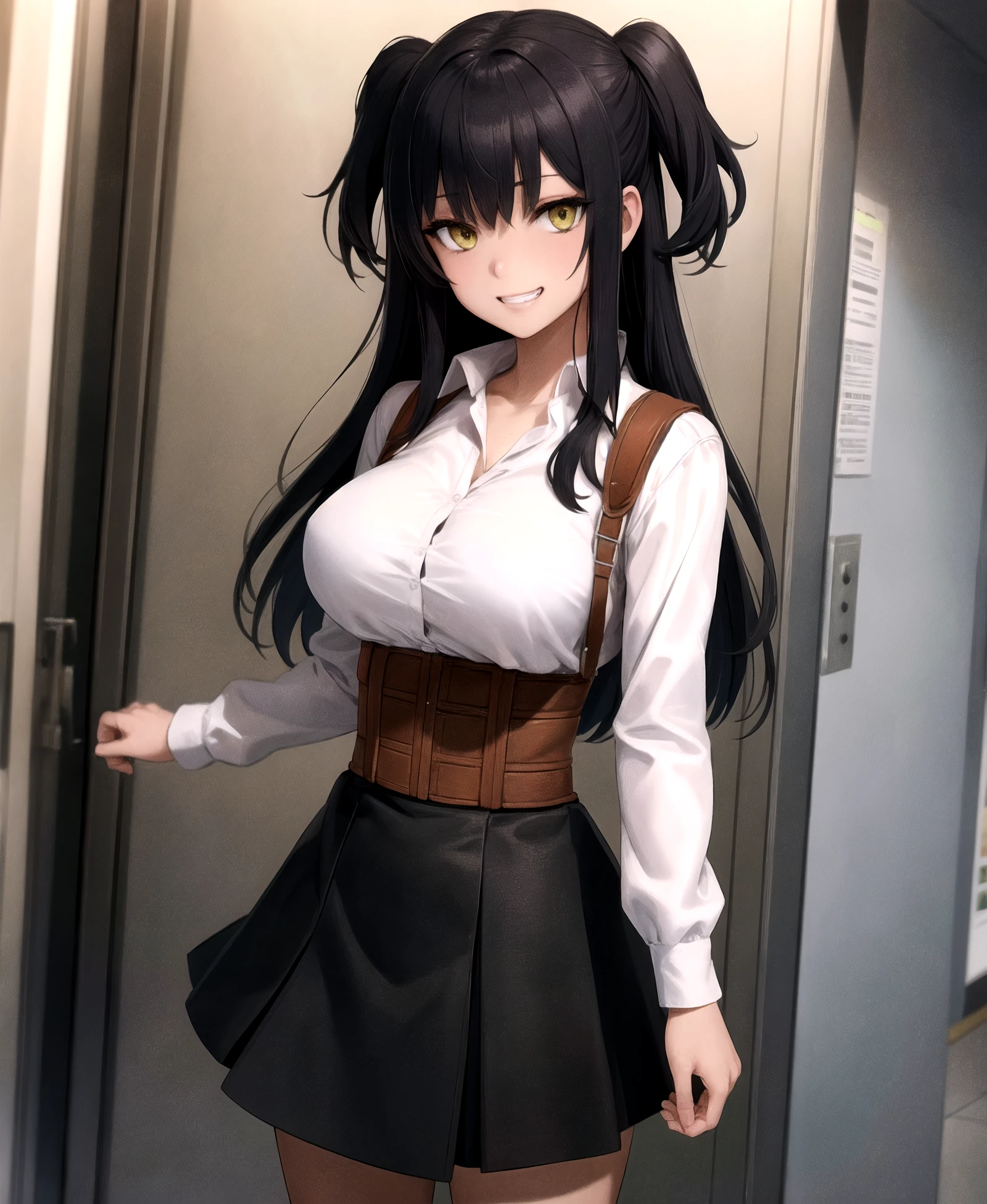 (best quality, masterpiece, official art, highres:1.2), extremely detailed CG unity 8k wallpaper, ultra detailed, portrait shot of slutty girl, eye contact,  grin, rakko yumiya, 1girl, solo, long hair, breasts, looking at viewer, bangs, large breasts, shirt, black hair, long sleeves,  HDR,  black skirt, two side up, <lora:Yumiya_Rakko_l:1>, yellow eyes, white shirt,