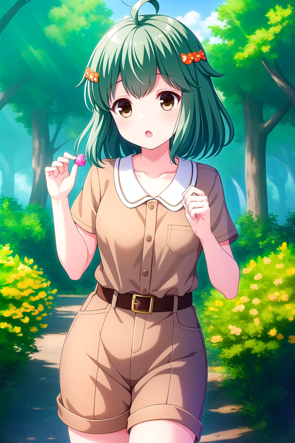 sanae_shikikagami, yellow eyes, large breasts, floral print sundress, nature, park, sunset, braided ponytail, <lora:sanae_shikikagami_v1:0.8>, masterpiece, best quality
