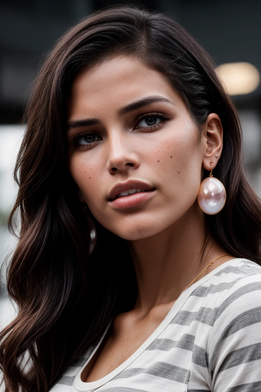 photo of (EPR41c40l1v31r4:0.99), a beautiful woman, closeup portrait, perfect hair, (modern photo, Ice Gray striped shirt), 24mm, (analog, cinematic, film grain:1.3), (photo, gradient:1.2), detailed eyes, (seductive pose), (epicPhoto), (looking at viewer), earrings