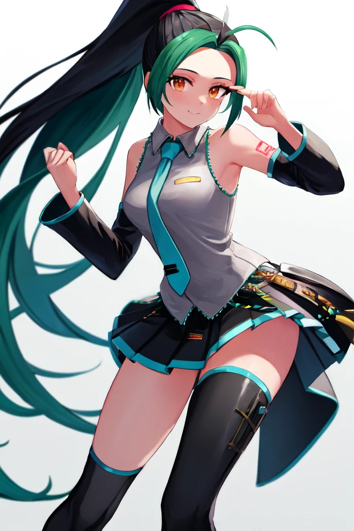 masterpiece, best quality, <lora:nemona pokemon by Goofy Ai:1>, nemona, two-tone hair, long hair, orange eyes, ponytail, <lora:MikuOutfit-14:0.7>, miku outfit, sleeveless shirt, grey shirt, detached sleeves, necktie, arm tattoo, skirt, thighhighs, thigh boots,