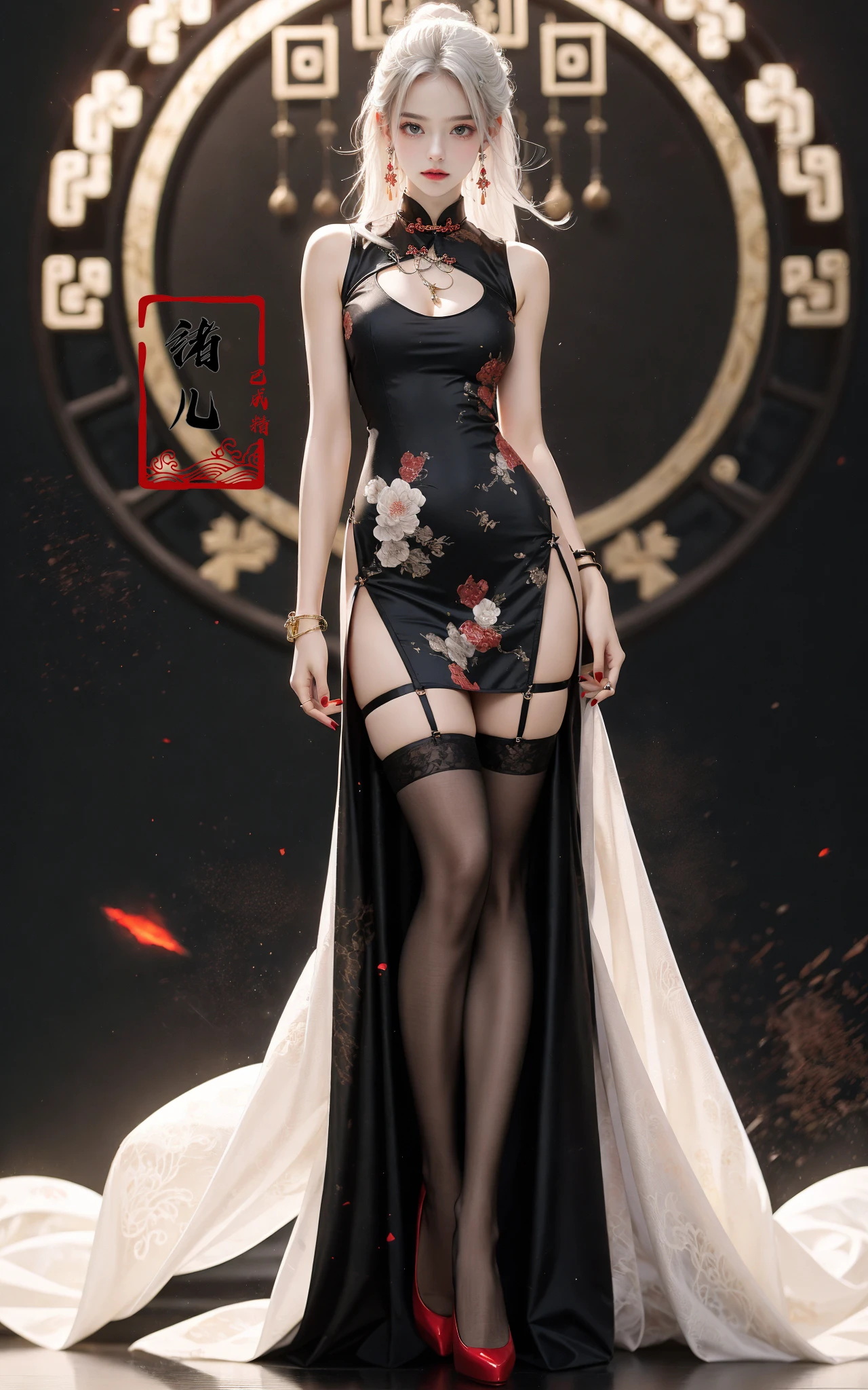 Black background,Fashion cheongsam
nail polishlace trimgradientcontrappostoRed long dresslace
red lips (full body:0.8), white thighhighs,white hair
<lora:Fashion cheongsam_20231207093219:0.7>