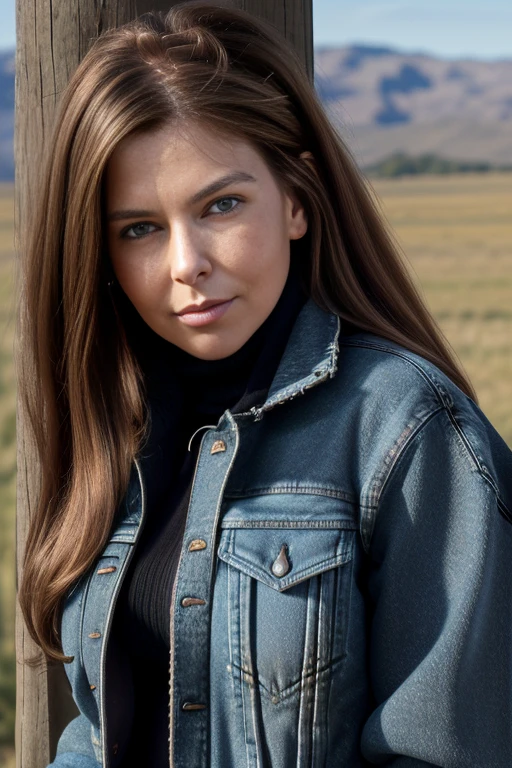 (RAW, analogue, Nikon Z 14mm ultra-wide angle lens, award-winning glamour photograph, ((best quality)), ((masterpiece)), ((realistic)), skin pores, subsurface scattering, radiant light rays, high-res, detailed facial features, high detail, sharp focus, smooth, aesthetic, extremely detailed, (extremely detailed eyes, extremely detailed iris), extremely detailed hair, extremely detailed skin, extremely detailed clothes, octane render, photorealistic, realistic, post-processing, max detail, realistic shadows, roughness, natural skin texture, real life, ultra-realistic, photorealism, photography, 8k UHD, photography, hdr, intricate, elegant, highly detailed, sharp focus, stunning, beautiful, gorgeous), (photorealistic), (realistic), ju13545n3r, full body, brown hair, blue eyes, (denim jacket:1.3), (black turtleneck sweater:1.1), jeans, lips, long hair, outdoors, on a ranch, leaning on a wooden post, looking at viewer, upper body, morning, bright, <lora:Jules_Asner_PMv1_Lora:1.3>,