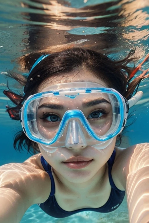 swimming,(insanely detailed, beautiful detailed face,beautiful detailed eyes, masterpiece, best quality),<lora:snorkel-LDv1:0.7>,snorkel,wearing snorkel, underwater