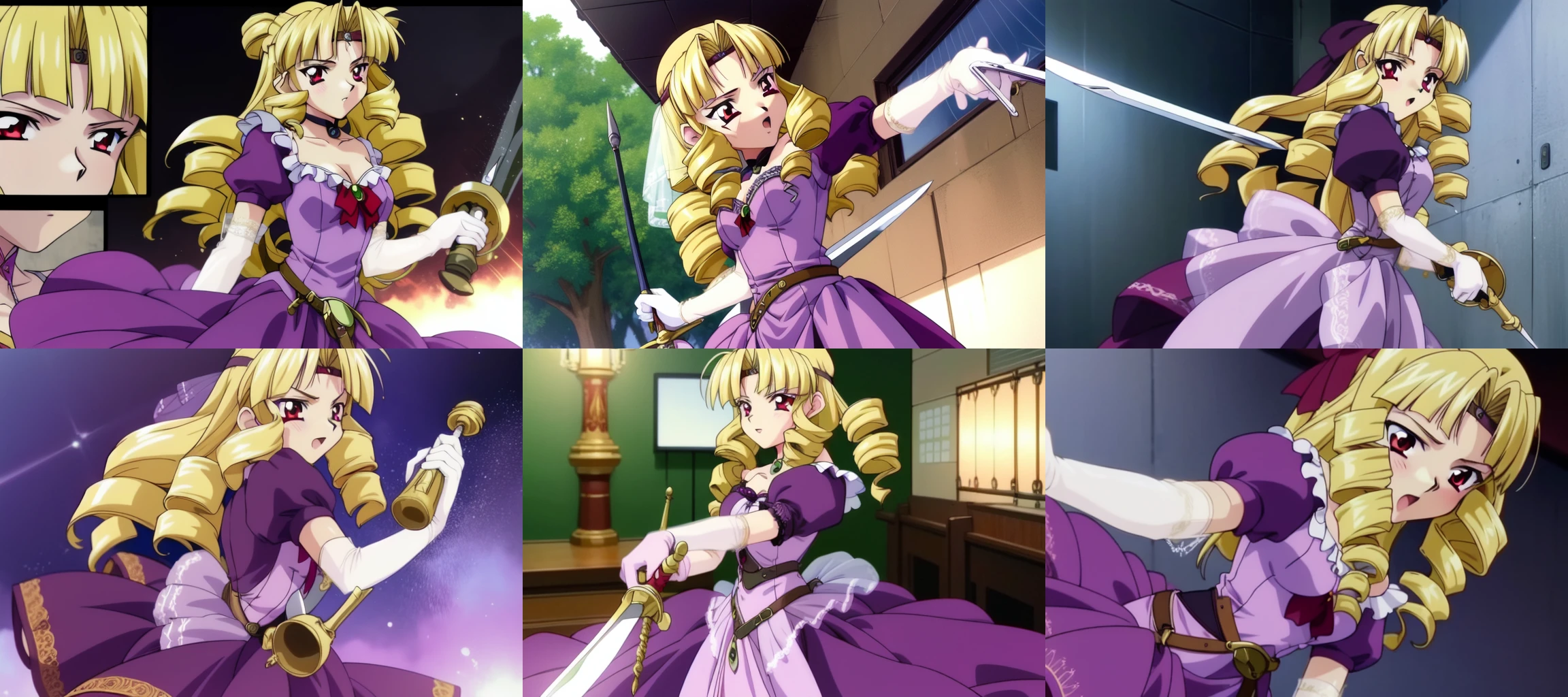 <lora:Sapphire:0.8>sapphire, 1girl, solo, blonde hair, weapon, sword, long hair, drill hair, dress, gloves, red eyes, holding, elbow gloves, rapier, purple dress
1990s \(style\), anime, anime_screencap, animated gif, mp4 ,video, animated,