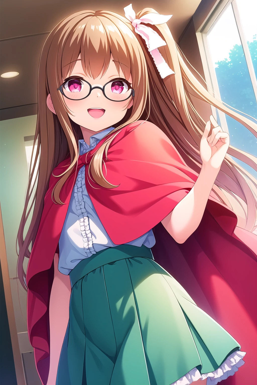 (masterpiece, best quality), highly detailed background, perfect lightingbest quality, asahinamomoko, solo, indoors, brown hair, hair ribbon, white ribbon, one side up, side ponytail, long hair, glasses, pink eyes, cape, blue shirt, long sleeves, polka dot, <lora:GoodHands-vanilla:1>, adjusting eyewear, frilled skirt, miniskirt, frills, smile, open mouth, :d, pink lips, <lora:Asahina-Momoko:0.7>