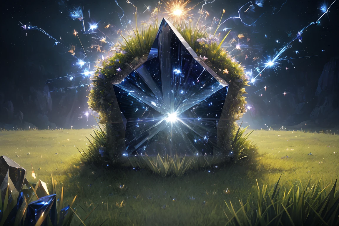 (high quality cowboy shot:1.2), (realistic, best quality:1.2), (masterpiece:1.2), official art, official wallpaper, surreal,  (parallelogram, detailed grass, detailed Spark, sapphire:1.2),  (detailed:1.05), (extremely detailed:1.06), sharp focus, (intricate:1.03), (extremely intricate:1.04), (black background:1.1), beautiful face, volumetric lighting, SSAO, SSGI, RTGI, Ambient Occlusion, God rays,