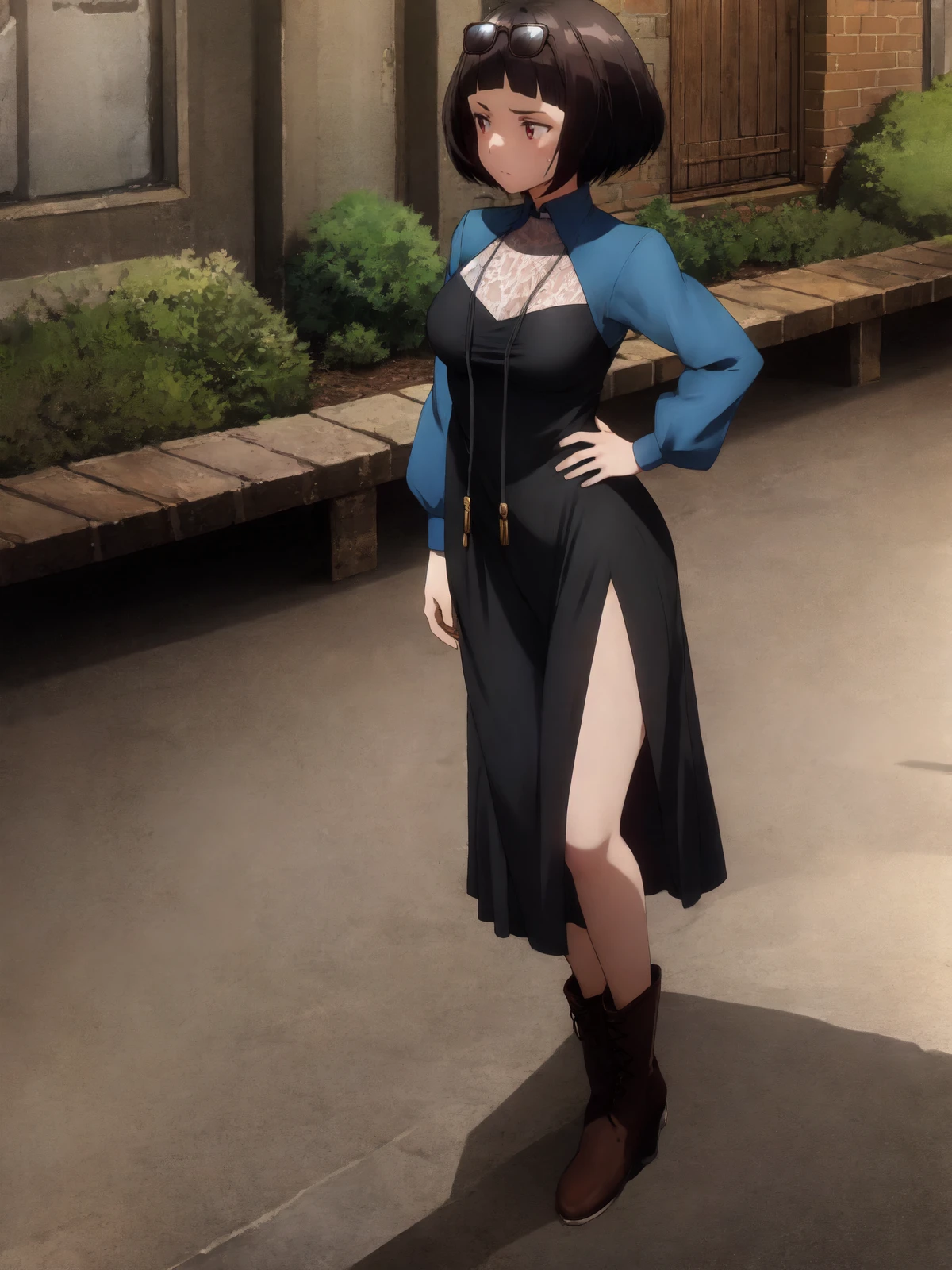 SLE, mksks style, detailed background absurdres, highres, full body, <lyco:GoodHands-beta2:1.0>,
BREAK solo, 1girl, <lora:Kazuki Ferrari:1>, kazuki ferrari,
BREAK alternate costume, sunglasses, eyewear on head, taut clothes, (taut dress, long dress:2.0), (black dress:1.5) long sleeves, black pantyhose, black boots, ankle boots,
BREAK standing, looking away, looking to the side, expressionless, hand on hip, contrapposto,
BREAK city, sidewalk, lamppost, buildings, sunlight, outdoors
