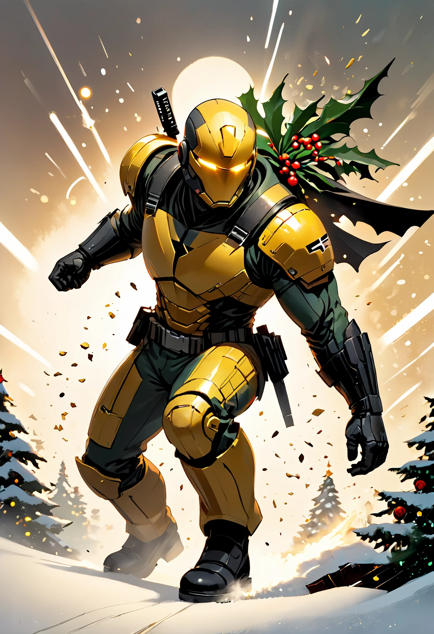 ((Impasto painting), concept art), yellow military kit, elite commando, mercenary, wielding powerful weaponry, champion of Christmas, flying particles, broken pieces, massive destuction, subtle minimalistic mistletoe details, dynamic action shot, cinematic still, dramatic movement, DonMFr0stP4nkXL, masterpiece, highly detailed, hyperreal concept art, speed painting aesthetic, gldnglry, ((art by by Casey Baugh AND Joe Madureira))