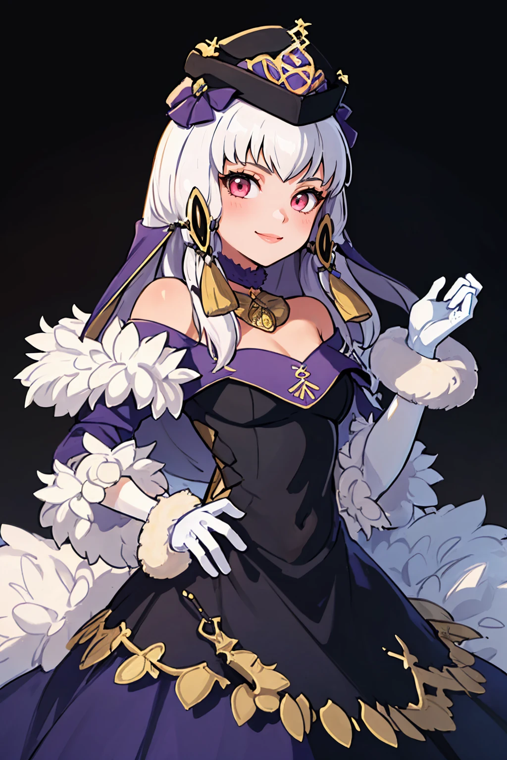 (masterpiece, best quality:1.2), solo, 1girl, lysitheabrave, smile, looking at viewer, hair ornament, hat, dress, fur trim, white gloves <lora:fireemblem_ordelia_v3-09:1>