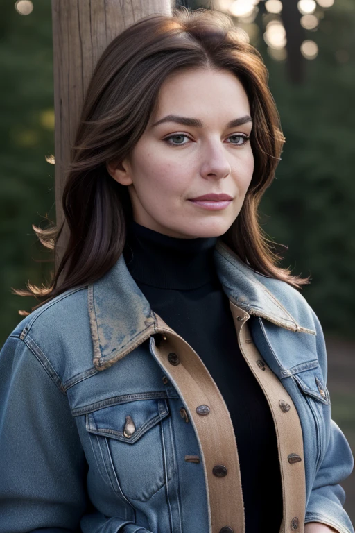 (RAW, analogue, Nikon Z 14mm ultra-wide angle lens, award-winning glamour photograph, ((best quality)), ((masterpiece)), ((realistic)), skin pores, subsurface scattering, radiant light rays, high-res, detailed facial features, high detail, sharp focus, smooth, aesthetic, extremely detailed, (extremely detailed eyes, extremely detailed iris), extremely detailed hair, extremely detailed skin, extremely detailed clothes, octane render, photorealistic, realistic, post-processing, max detail, realistic shadows, roughness, natural skin texture, real life, ultra-realistic, photorealism, photography, 8k UHD, photography, hdr, intricate, elegant, highly detailed, sharp focus, stunning, beautiful, gorgeous), (photorealistic), (realistic), 5314w4rd, full body, brown hair, brown eyes, (denim jacket:1.3), (black turtleneck sweater:1.1), jeans, lips, outdoors, on a ranch, leaning on a wooden post, looking at viewer, upper body, morning, bright, <lora:Sela_Ward_PMv1_Lora:1.3>,