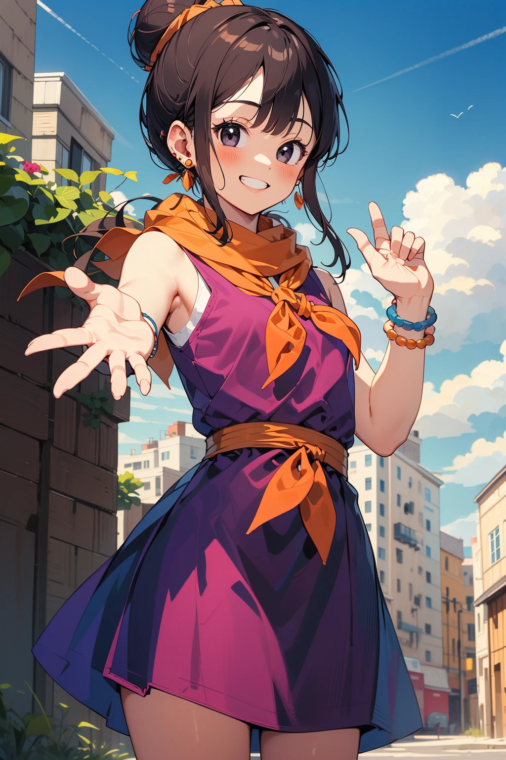 1girl, solo, BREAK outdoors, looking at viewer, (masterpiece:1.2), best quality, high resolution, unity 8k wallpaper, (illustration:0.8),(perfect hands, perfect anatomy), standing, blush, chichi, black hair, black eyes, hair bun, single hair bun, blunt bangs, sidelocks, purple dress, sleeveless, orange neckerchief, orange scarf, earrings, bracelet, smile, grin, 