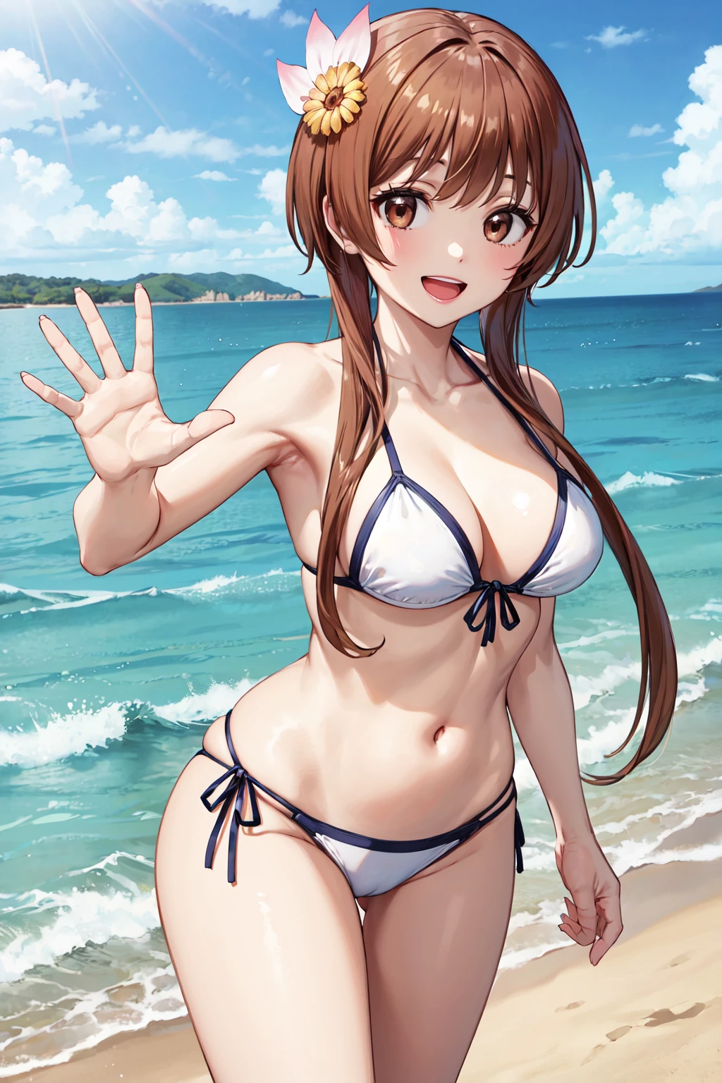 masterpiece,best quality,highres,ultra-detailed,aamarika,brown eyes,light brown hair,short hair with long locks,bangs,hair ornament,hair flower,<lora:tachibana_marika:0.7>,standing,ocean,:d,bikini,waving,