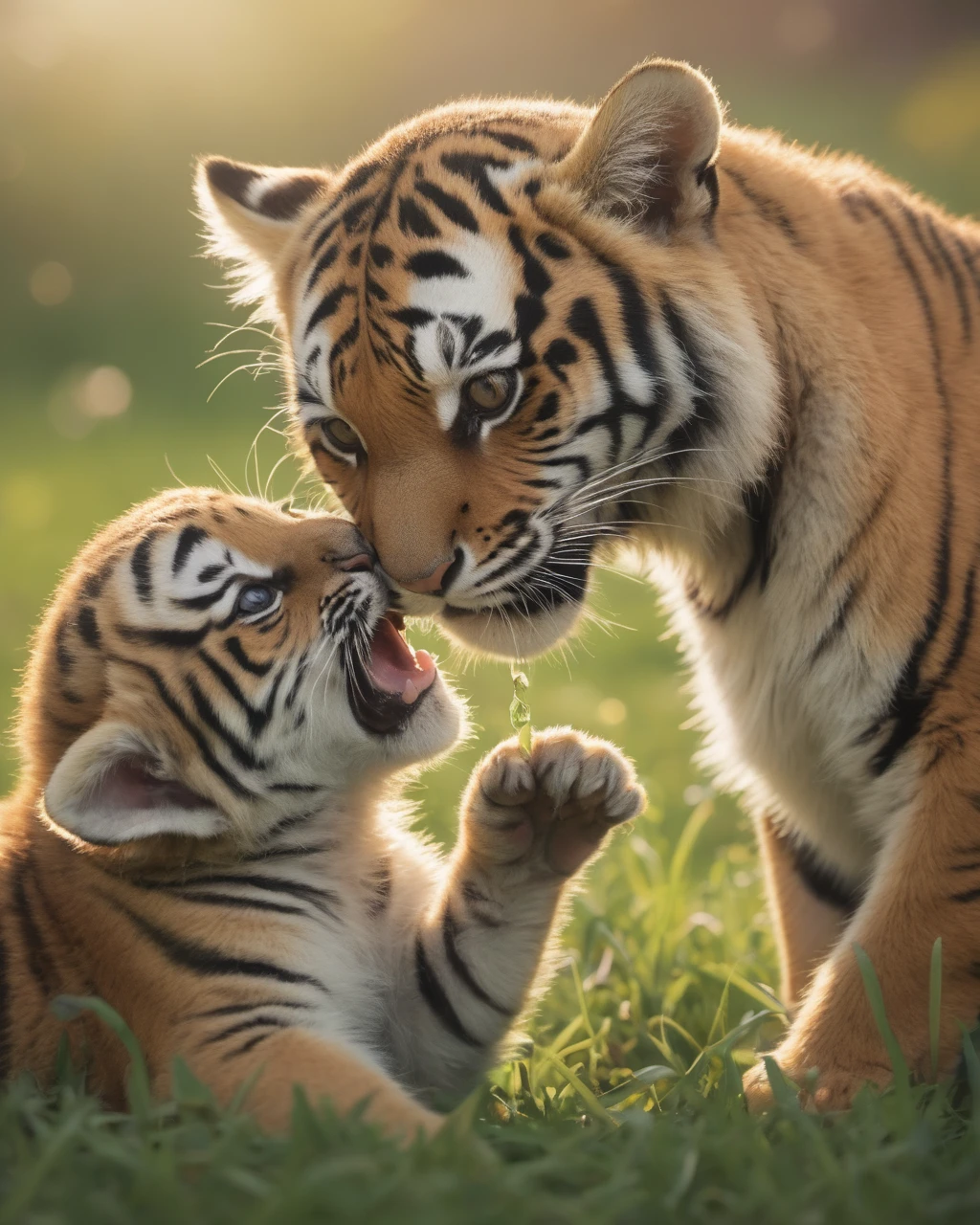 chinese, masterpiece, best quality, highly detailed, sharp focus, dynamic lighting, vivid colors, texture detail, particle effects, 16k, HDR, subject-background isolation, kodak film by Brandon Woelfel Ryan McGinley, (chibi:0.7),
background is grass, (sunlight:1.3),
baby tiger, (they is kissing each other:1.3), one baby_tiger was natural face, another baby_tiger was angry, one baby_tiger was putted a vine into another s mouth,