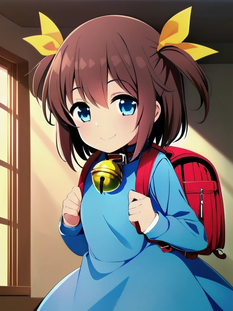 1girl, nozoemon, blue dress,mini twintails, hair yellow ribbon,neck large bell,brown hair,blue eyes,long sleeves, animal collar,light smile, bell on neck,solo, minigirl, bob cut,
randoseru, backpack,
indoors,
<lora:nozoemon_v1.0:1>