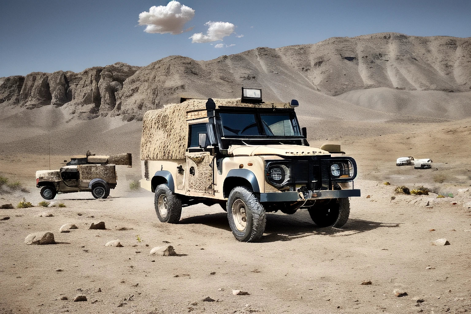 snatch, land rover, driving in the desert, dust clouds, goats, mountains, rocks, climbing a slope, photorealistic, high def, HD, nikon, fujifilm,