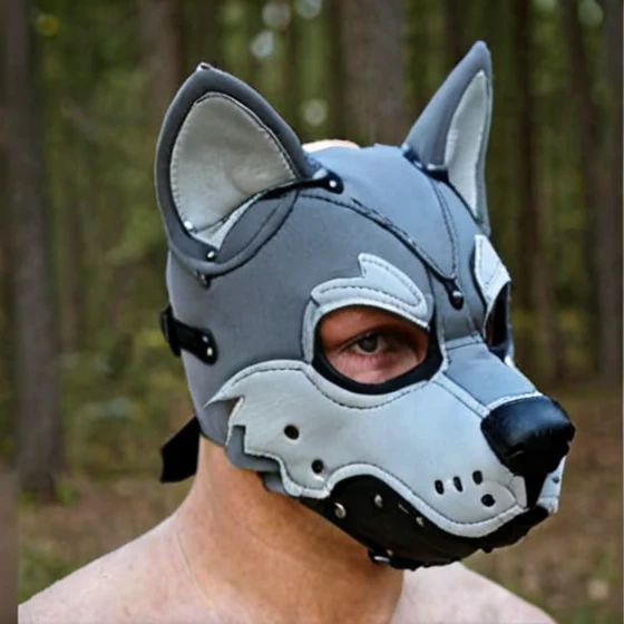<lora:BDSM_animal_masks:0.7> wolf mask, grey wolf, realistic colors, neoprene, k9 puppy hood