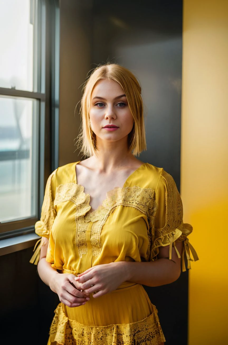 A stunning intricate full color portrait of a 28 year old woman,wearing a yellow dress, busy trade fair, <lora:epiNoiseoffset_v2:1>, , epic character composition,by ilya kuvshinov, alessio albi, nina masic,sharp focus, subsurface scattering, f2, 35mm, film grain, blonde <lora:NancyAce:1>