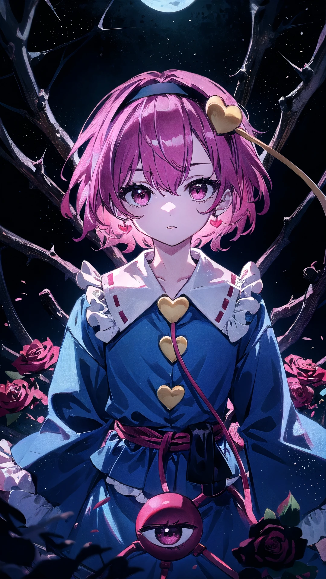 1girl,  komeiji_satori,  solo,  looking_at_viewer,  short_hair,  bangs,  shirt,  hair_ornament,  red_eyes,  upper_body,  pink_hair,  flower,  heart,  hairband,  frills,  parted_lips,  hair_flower,  medium_hair,  hair_over_one_eye,  blood,  buttons,  floating_hair,  rose,  blue_shirt,  plant,  black_background,  blouse,  red_flower,  third_eye,  frilled_shirt_collar,  red_rose,  heart_hair_ornament,  vines,  thorns,  heart_button,  backlight,  komeiji satori,<lora:EMS-86540-EMS:0.800000>,<lora:EMS-6344-EMS:0.800000>,<lora:EMS-233781-EMS:1.000000>