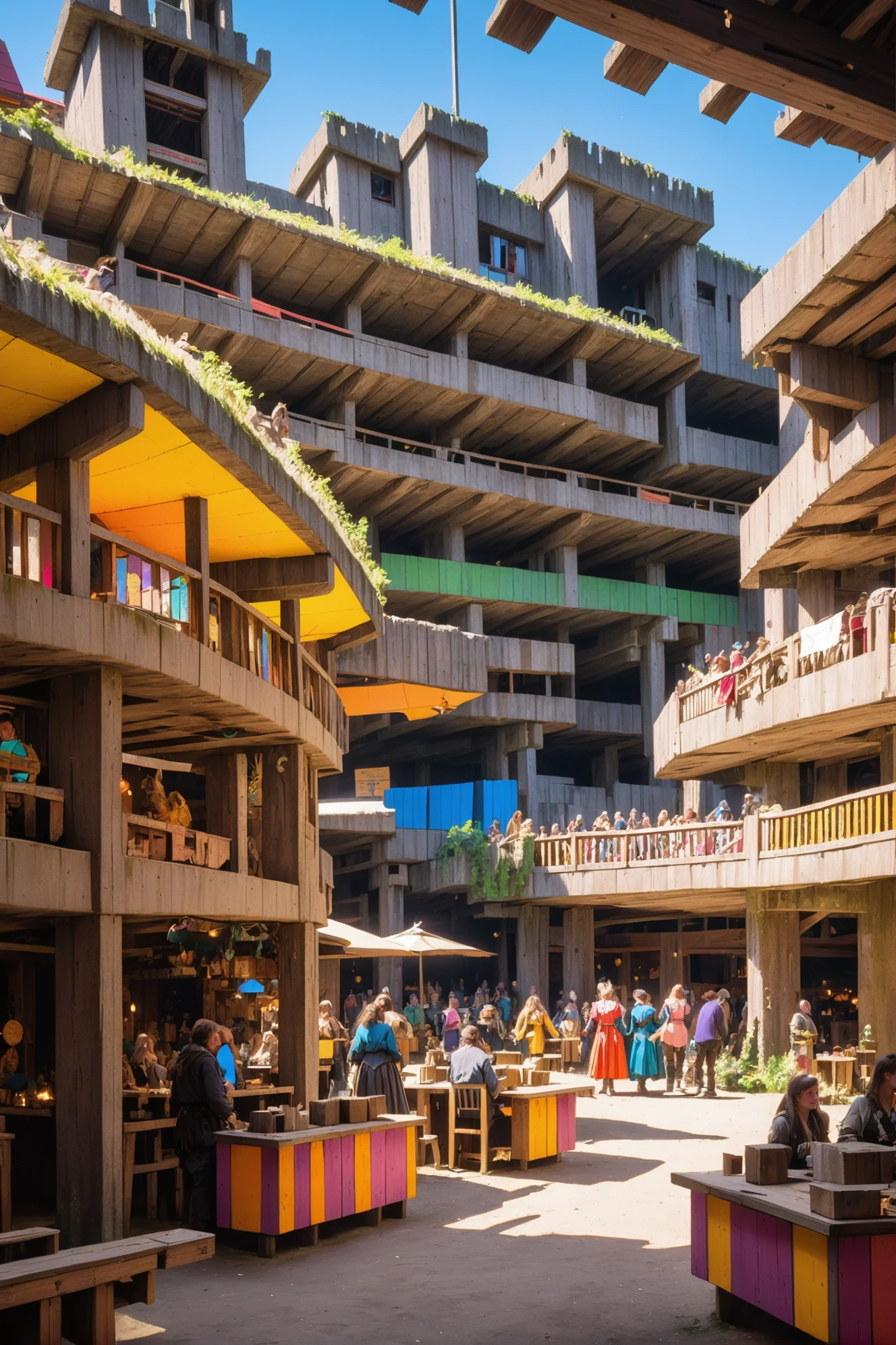 reclaimed brutalism, colorful, people, warmly lit interior, in a adirondack Renaissance fair marketplace<lora:EnvyReclaimedBrutalismXL01:1.2><lora:EnvyBetterHiresFixXL01:0:hr=1>