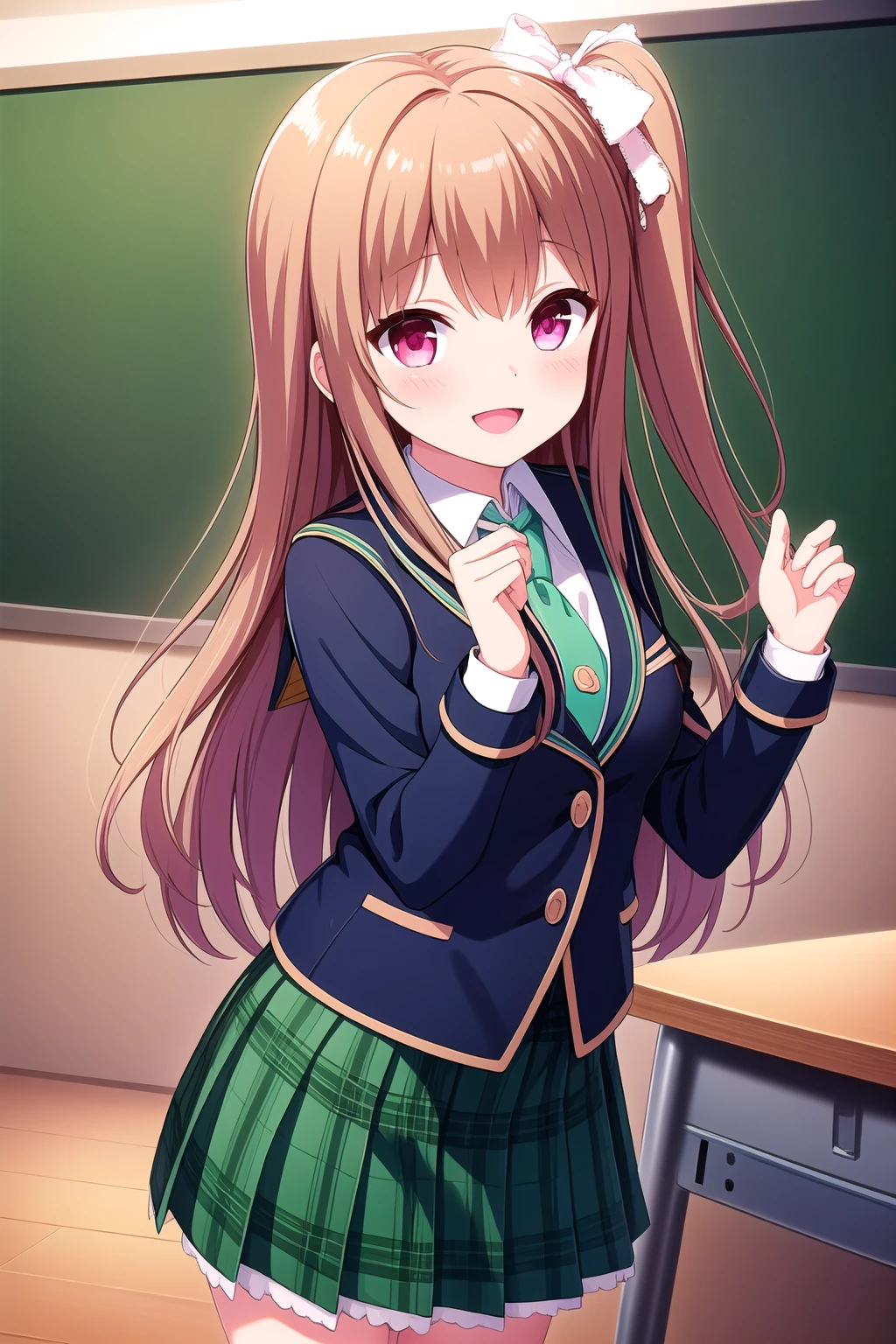 (masterpiece, best quality), highly detailed background, perfect lightingbest quality, asahinamomoko, solo, indoors, classroom, brown hair, hair ribbon, white ribbon, one side up, side ponytail, long hair, pink eyes, blue jacket, blazer, green necktie, white shirt, <lora:GoodHands-vanilla:1>, black bow, green skirt, plaid skirt, black thighhighs, school uniform, smile, open mouth, :d, pink lips, <lora:Asahina-Momoko:0.7>