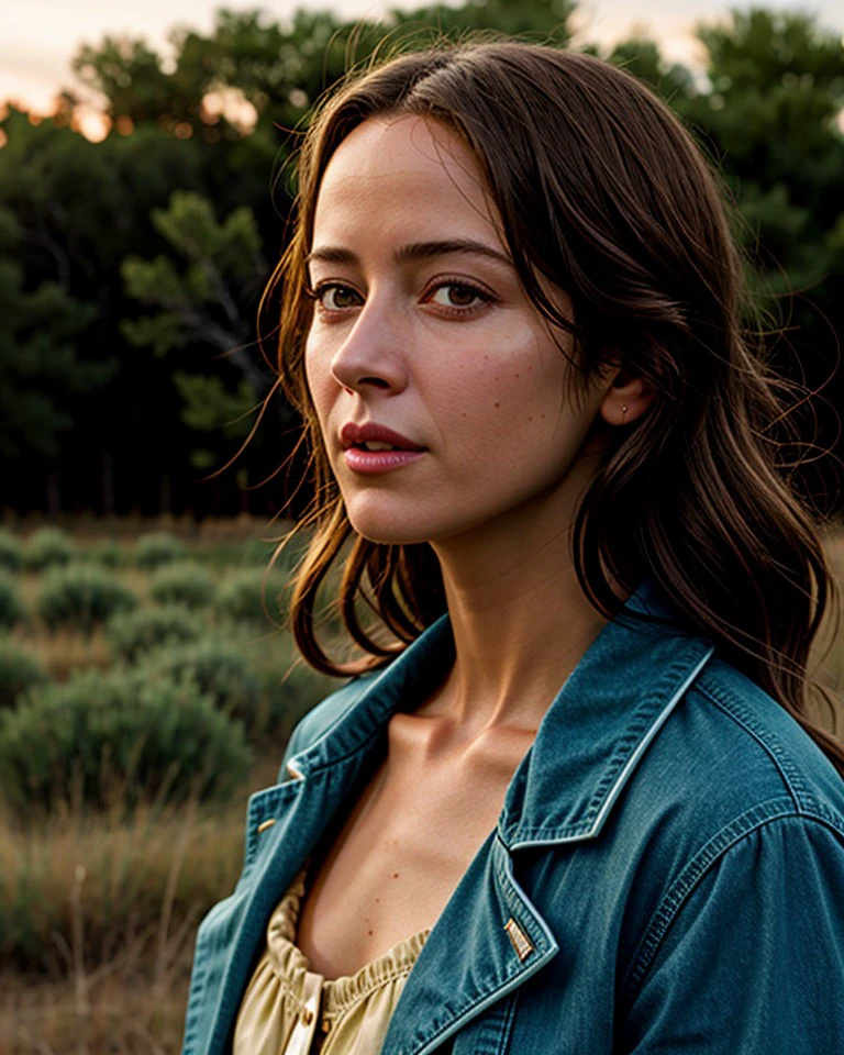 ChzAmyA, close-up, (ultra-detailed for realism:1.3), RAW photo of a female rancher, face focus, wearing a cowgirl outfit, fringed leather jacket, artistic composition, standing near an old barbed-wire fence on the Western Kansas plains, expansive emptiness, languid loneliness, (contemplative pose), (by Annie Leibovitz and Rosie Matheson), volumetric lighting, perfect eyes, detailed skin, perfect shading, (masterpiece, best quality:1.5),