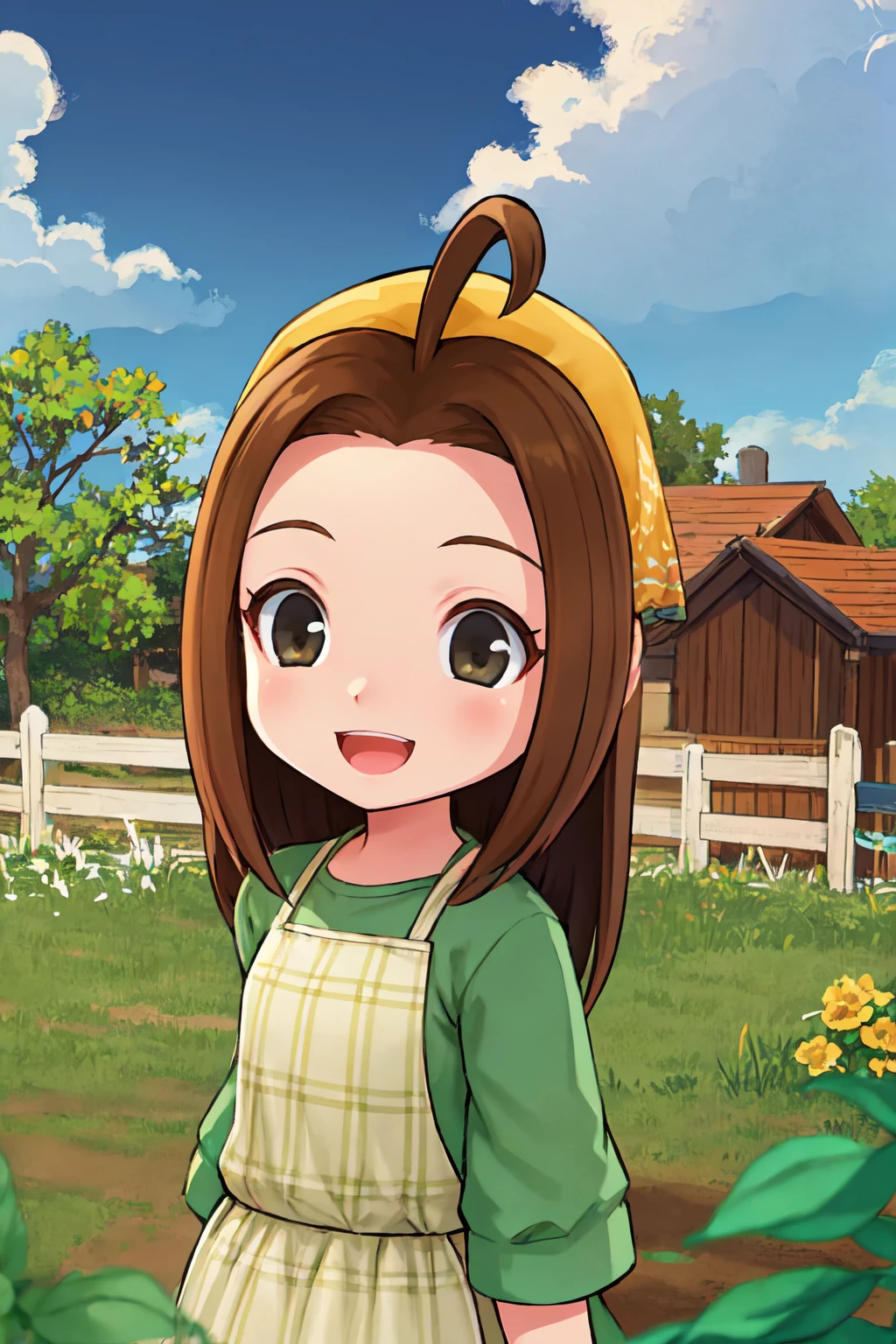 portrait, sharp focus, soft lighting,  illustration, depth of field, outdoors, farm, field, grass, plants, 1girl, celia, brown hair, grey eyes, plaid apron, green dress, yellow bandana, :D, smile,  <lora:asanagi:0.35>  <lora:celia-000003:0.75>