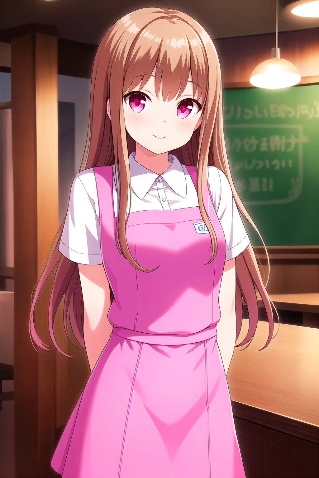 (masterpiece, best quality), highly detailed background, perfect lightingbest quality, asahinamomoko, solo, indoors, waitress, brown hair, long hair, pink eyes, white shirt, short sleeves, blue apron, <lora:GoodHands-vanilla:1>, arms behind back, pink skirt, smile, closed mouth, :), pink lips, <lora:Asahina-Momoko:0.7>