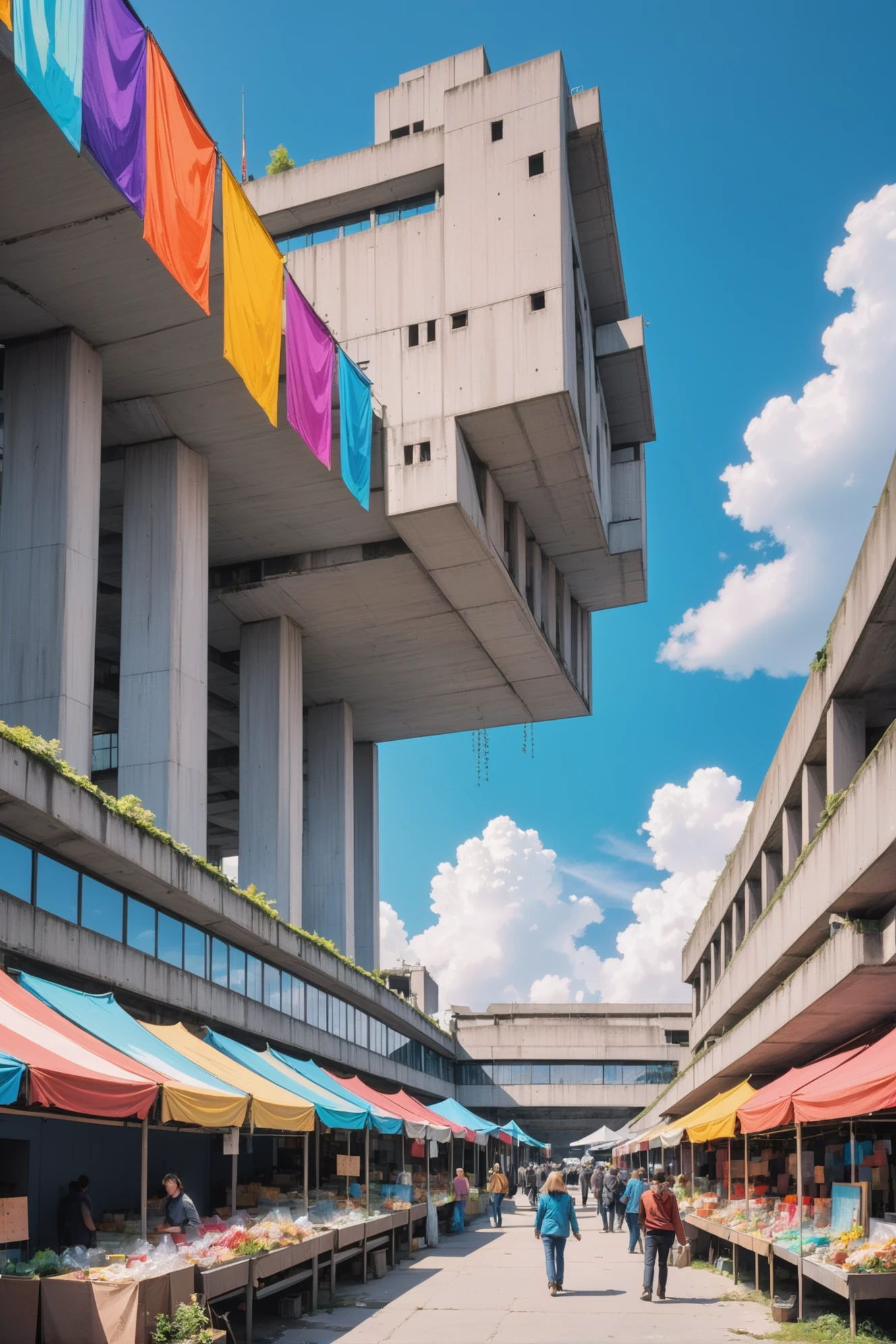 reclaimed brutalism, colorful, open markets,colorful banners, noon, blue sky, clouds, scenery, "at the Incandescent Crystal"<lora:EnvyReclaimedBrutalismXL01:0.5><lora:EnvyBetterHiresFixXL01:0:hr=1>