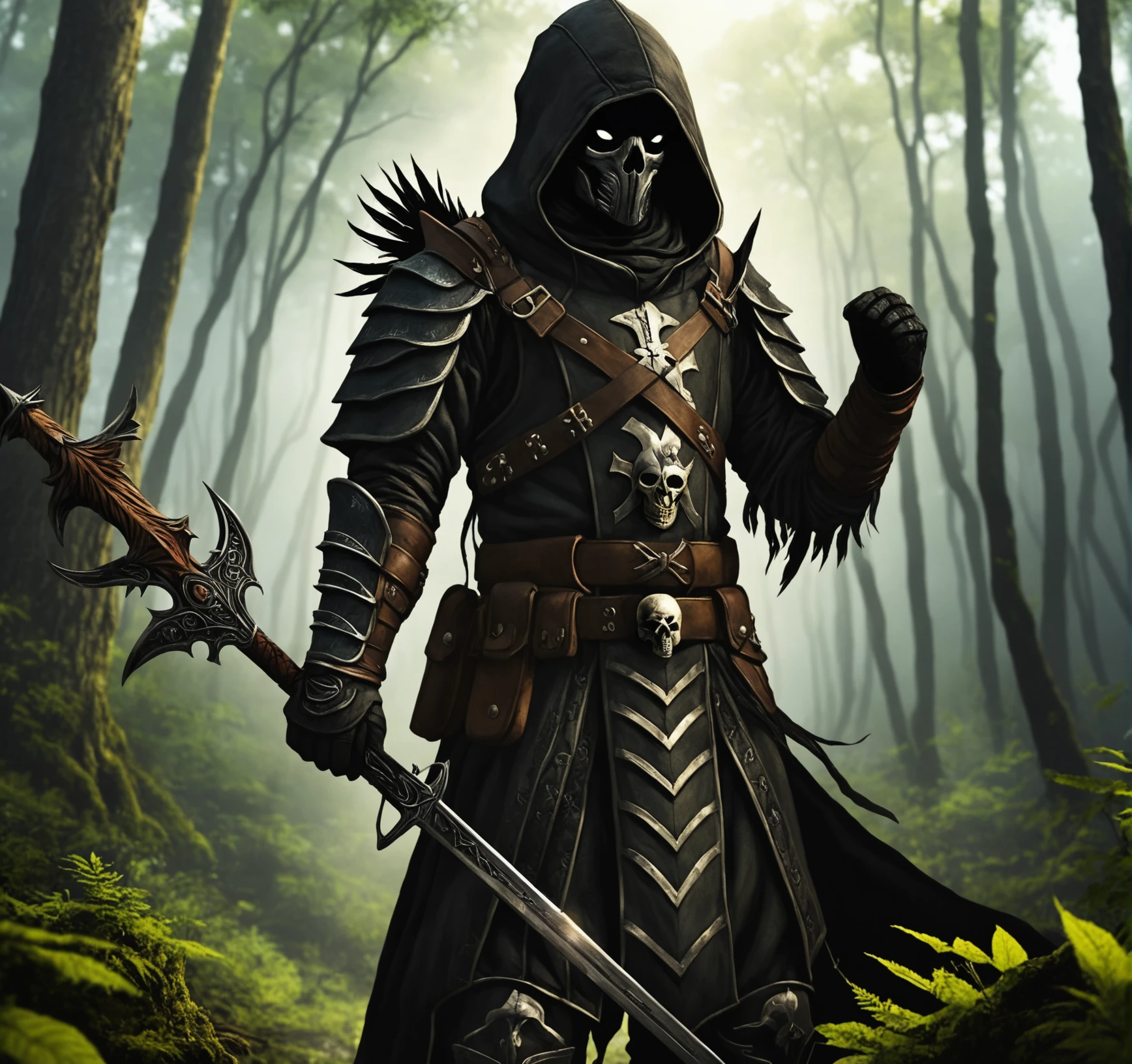 LegendDarkFantasy solo,1 boy,standing,holding a weapon in his hand,male focus,outdoors in the forest, hood, armor, cross, shoulder armor, gauntlets, scabbard,nature, hood raised, shoulder pads,skull, crow on shoulder, <lora:LegendDarkFantasy-000001:0.8>