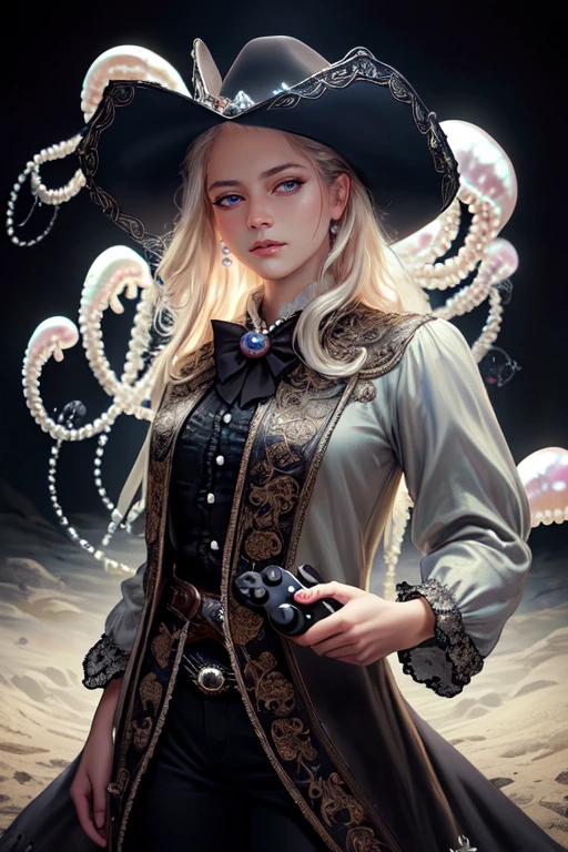 (high quality cowboy shot:1.2), (realistic, best quality:1.2), (masterpiece:1.2), official art, official wallpaper, surreal, (controller, detailed buying, detailed Whirlwind, pearl:1.2), (detailed:1.05), (extremely detailed:1.06), sharp focus, (intricate:1.03), (extremely intricate:1.04), (black background:1.1), beautiful face, volumetric lighting, SSAO, SSGI, RTGI, Ambient Occlusion, God rays,