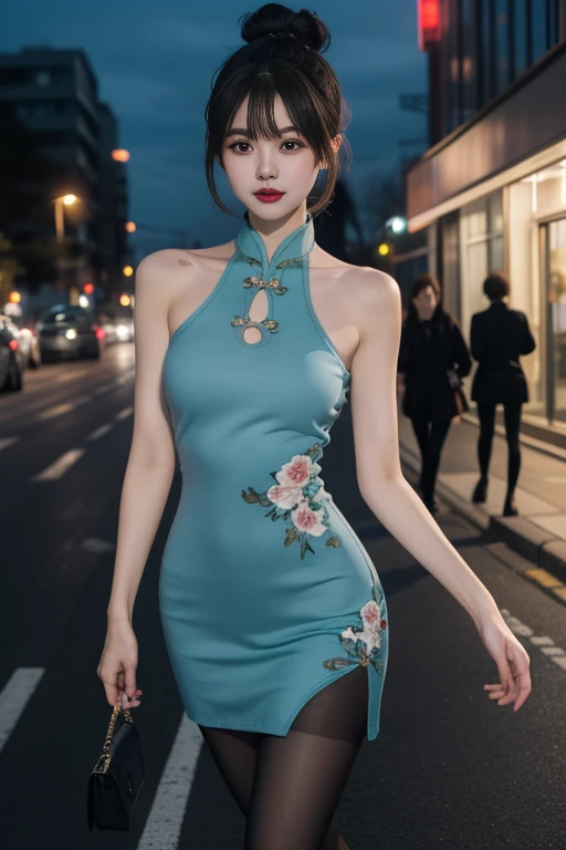 ltra-detailed,highly detailed,best quality,masterpiece,illustration,realistic,
ydwhqp,qipao, 1girl, solo,
paint dress,pantyhose, clothing cutout,
hair bun, parted bangs,
looking at viewer, walking,cowboy shot,
outdoors,night,cityscape, street,
<lora:ydwhqp qipao_v1_01:0.7>