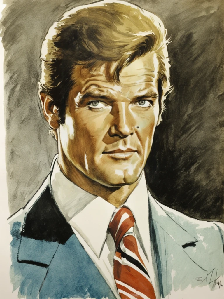 Colour drawing of young 25 year old Roger Moore by Robert McGinnis <lora:Roger Moore-000003:0.8>