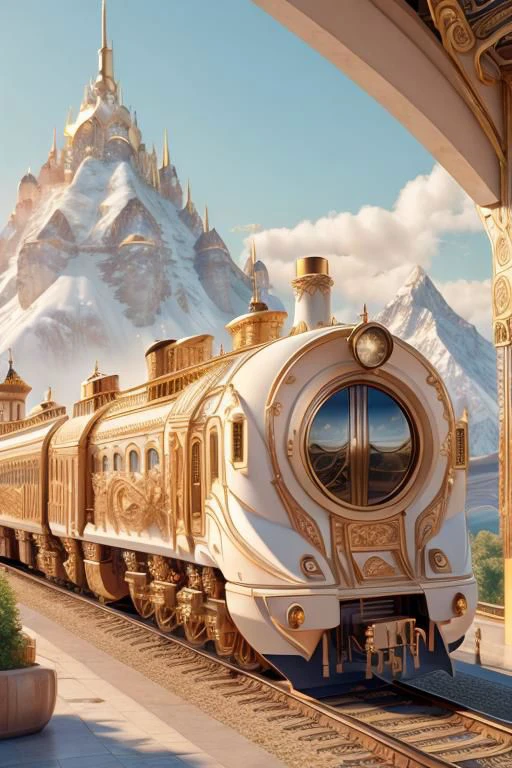 IvoryGoldAI, masterpiece, best quality, close-up view, intricate details, cyberpunk passenger train, sharp focus, backdrop of beautiful scenery and mountains,