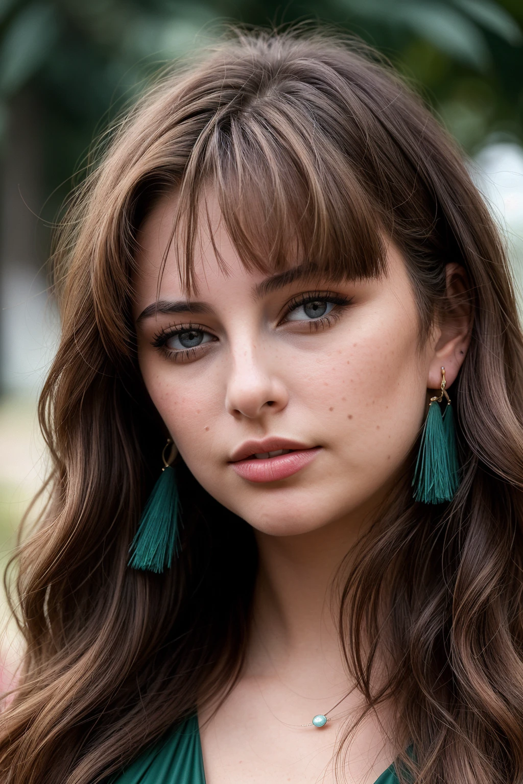 photo of (EPL3n4L0UU:0.99), a beautiful woman, closeup portrait, perfect hair, (modern photo, Midnight Green jumpsuit), 24mm, (analog, cinematic, film grain:1.3), (texture, gradient:1.2), detailed eyes, (seductive pose), (epicPhoto), (looking at viewer), earrings