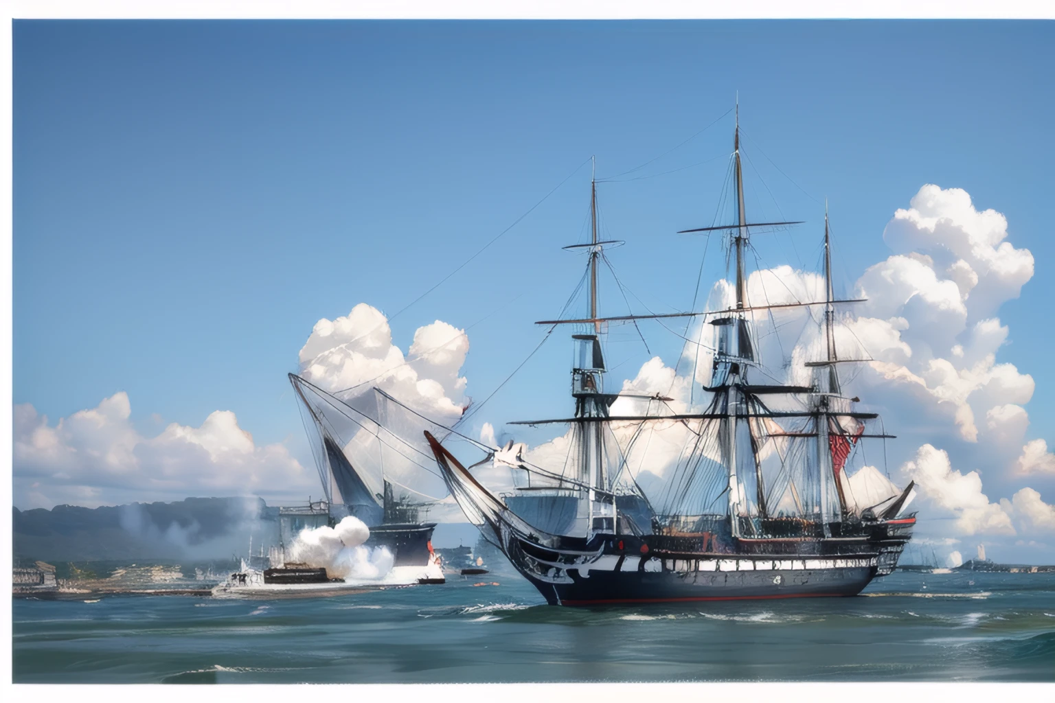 constitution, frigate, at sea, firing guns, smoke, fleet, battle,