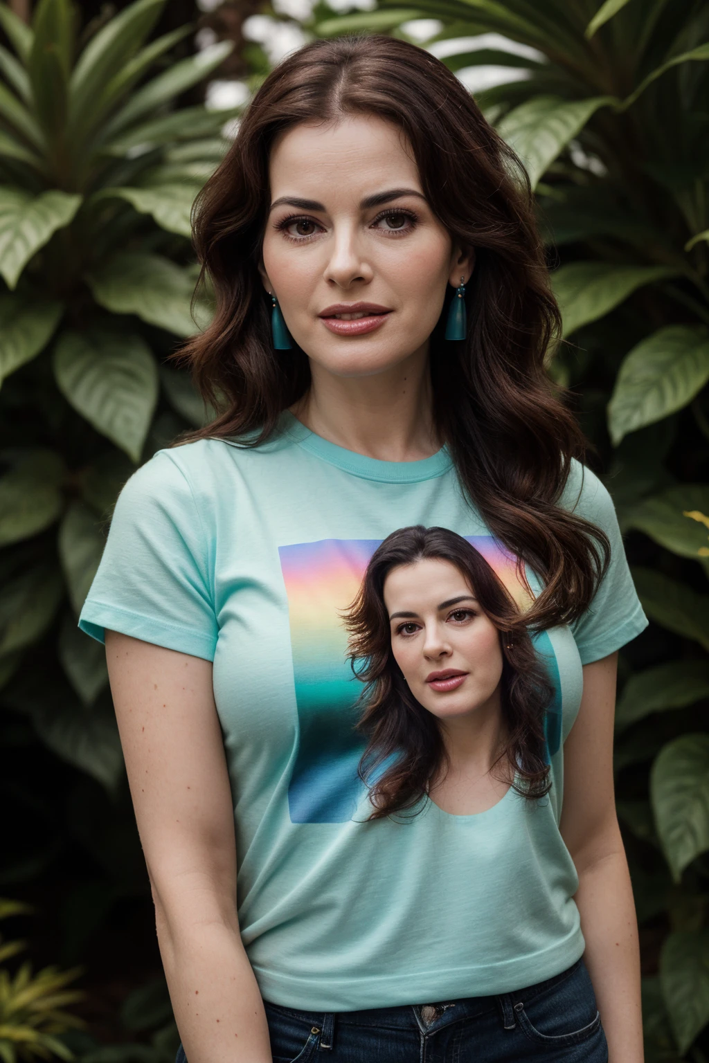 photo of (EPN1g3ll4L4ws0n:0.99), a beautiful woman, closeup portrait, perfect hair, (modern photo, turquoise Abstract art-inspired t-shirt with bold brushstrokes and abstract shapes), 24mm, (analog, cinematic, film grain:1.3), smiling, (botanical garden, gradient:1.2), detailed eyes, (seductive pose), (epicPhoto), (looking at viewer), earrings