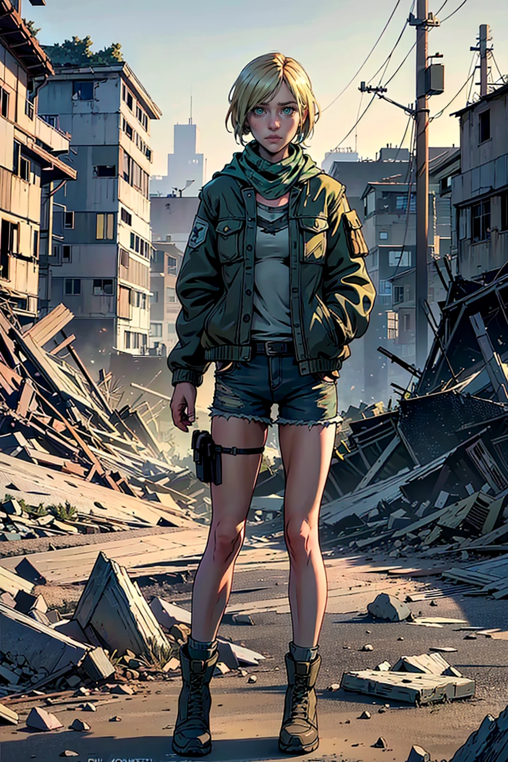 1girl, blonde hair, closed mouth, green eyes, looking at viewer, realistic, solo, violettwd, beautiful eyes, masterpiece, high res, <lora:VioletV1.4:0.6>, full body,shorts, standing, debris, broken buildings, post-apocalyptic background, winter jacket, scarf