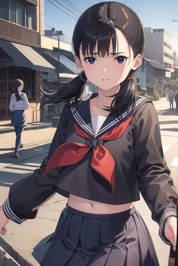 taekojima, <lora:tae kojima manga-lora-nochekaiser:1>,
tae kojima, bangs, twintails, black hair, (black eyes:1.5), low twintails,
BREAK serafuku, school uniform, shirt, blue shirt, blue sailor collar, long sleeves, skirt, blue skirt, neckerchief, red neckerchief,
BREAK outdoors, city, night, sky, starry sky, moon,
BREAK looking at viewer, (cowboy shot:1.5),
BREAK <lyco:GoodHands-beta2:1>, (masterpiece:1.2), best quality, high resolution, unity 8k wallpaper, (illustration:0.8), (beautiful detailed eyes:1.6), extremely detailed face, perfect lighting, extremely detailed CG, (perfect hands, perfect anatomy),