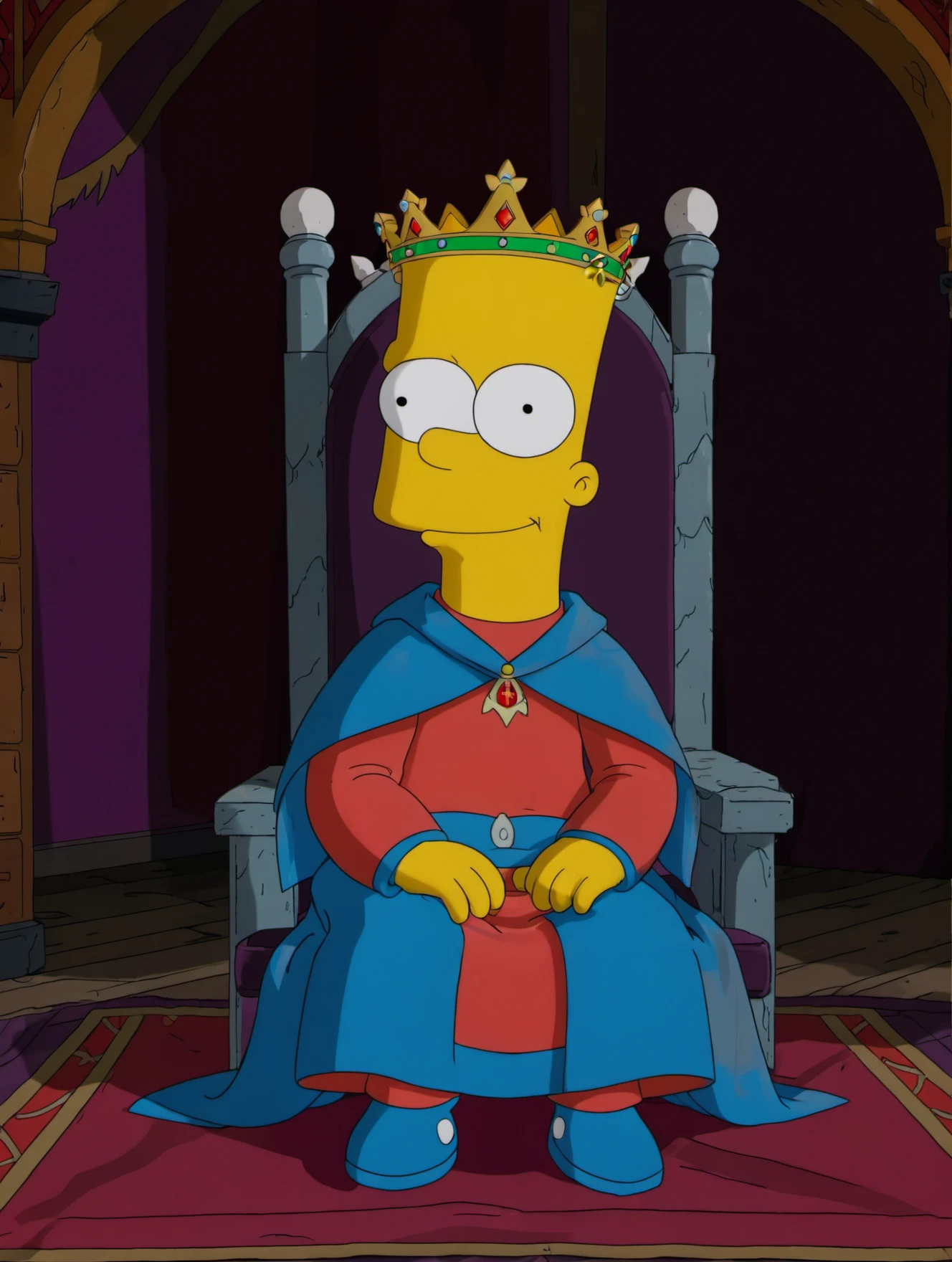 (best quality, high quality:1.2),
1boy,solo,bart simpson,
medieval,sitting,throne,elegant robe,boots,king,crown,smile,
<lora:bart_simpson_sdxl_v1:0.8>,